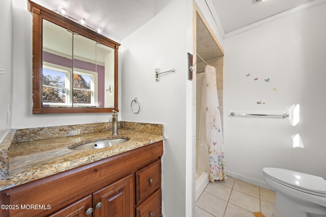 bathroom with tile patterned flooring, a shower with curtain, toilet, and vanity