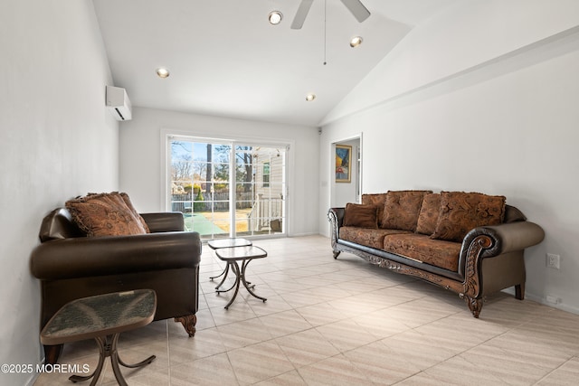 living room with a wall unit AC, recessed lighting, a ceiling fan, and high vaulted ceiling