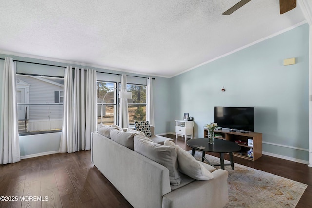 living room with baseboards, a textured ceiling, dark wood finished floors, and crown molding