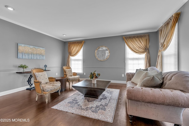 living area featuring crown molding, wood finished floors, and baseboards