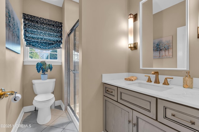 full bath with vanity, tile patterned floors, toilet, and a stall shower