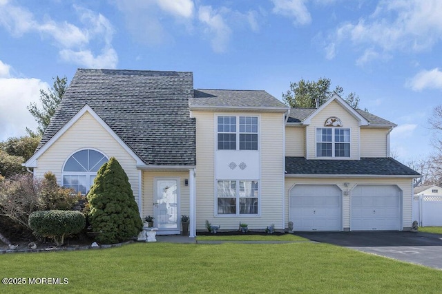 view of front of house with aphalt driveway, a garage, a front yard, and roof with shingles