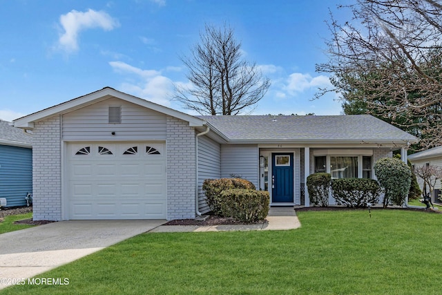 ranch-style house featuring brick siding, a shingled roof, a front lawn, concrete driveway, and a garage