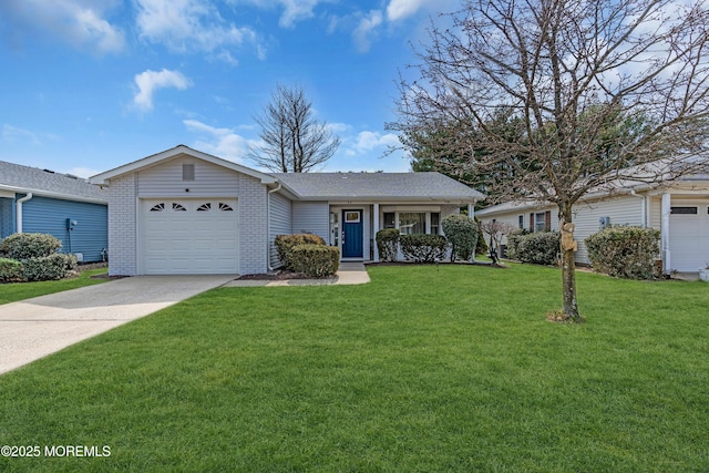 ranch-style home with a garage, a front lawn, brick siding, and driveway