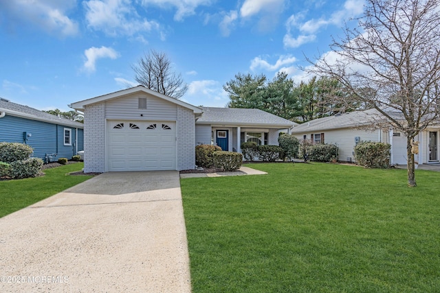 ranch-style home featuring a front yard, brick siding, a garage, and driveway