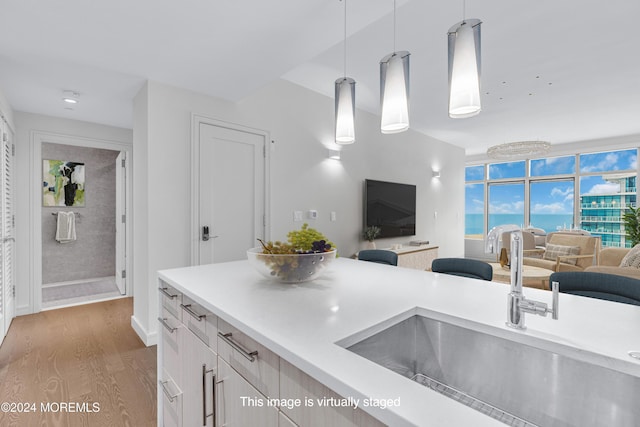 kitchen with light wood finished floors, open floor plan, light countertops, and a sink