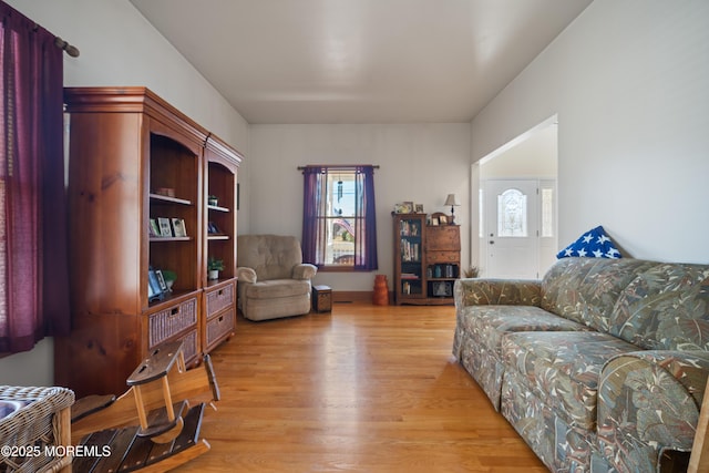 living room featuring light wood-type flooring and a healthy amount of sunlight