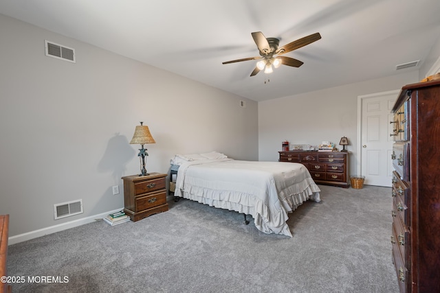 bedroom with visible vents, ceiling fan, and carpet floors