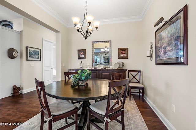 dining room with baseboards, crown molding, an inviting chandelier, and dark wood-style flooring