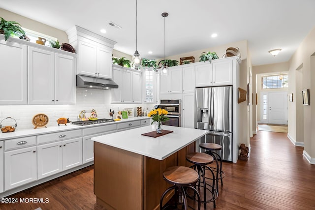 kitchen featuring under cabinet range hood, stainless steel appliances, tasteful backsplash, and white cabinetry