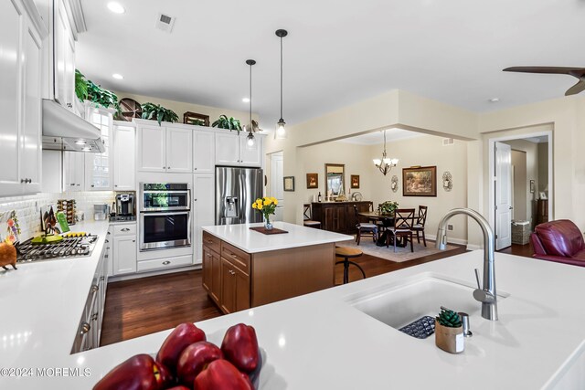 kitchen featuring visible vents, under cabinet range hood, a sink, appliances with stainless steel finishes, and dark wood-style flooring