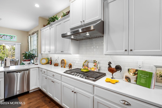 kitchen featuring under cabinet range hood, decorative backsplash, appliances with stainless steel finishes, and light countertops