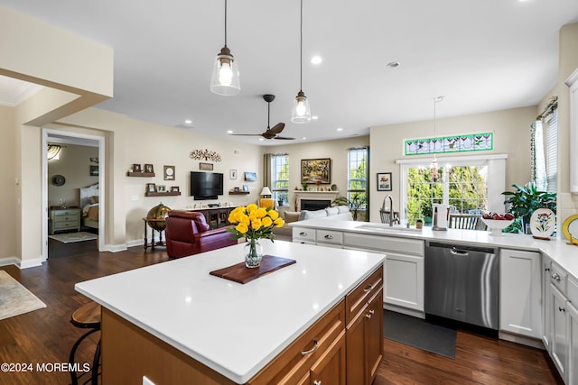 kitchen featuring a sink, stainless steel dishwasher, dark wood finished floors, a fireplace, and light countertops