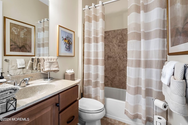 bathroom featuring vanity, toilet, and shower / tub combo with curtain