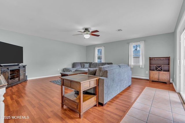 living room featuring visible vents, ceiling fan, baseboards, baseboard heating, and light wood-style flooring