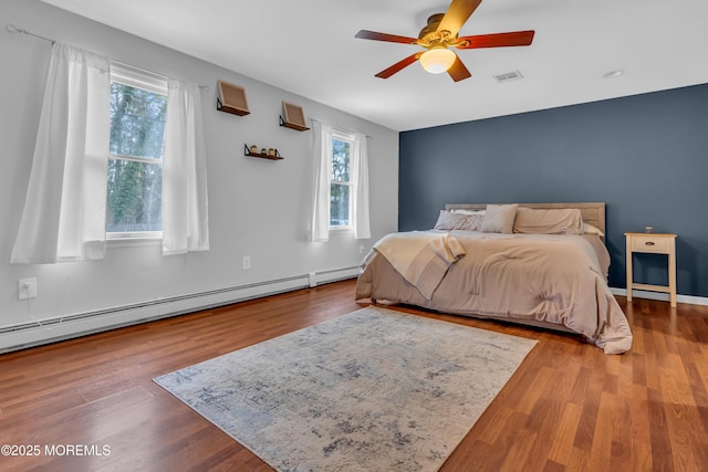 bedroom with visible vents, multiple windows, baseboard heating, and wood finished floors