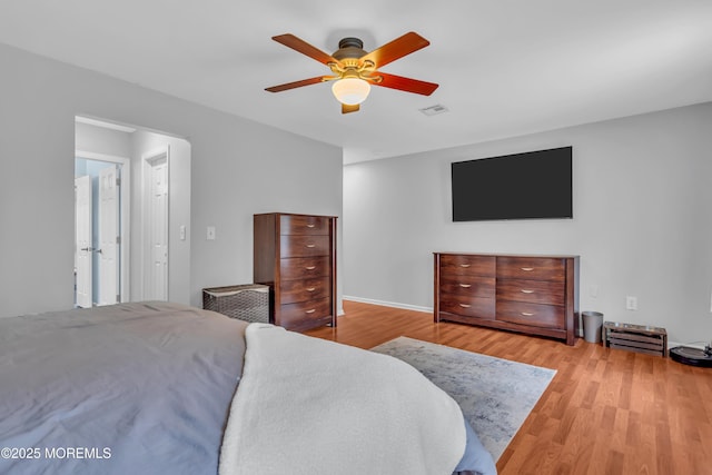 bedroom featuring visible vents, light wood finished floors, and ceiling fan