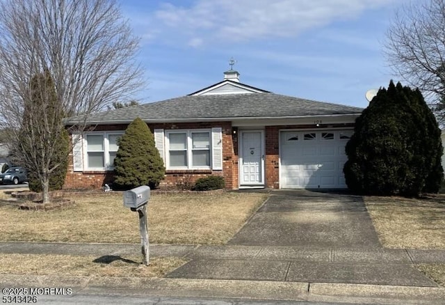 ranch-style house with brick siding, an attached garage, concrete driveway, and roof with shingles