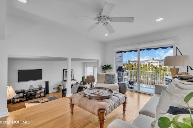 living area with recessed lighting, ceiling fan, and wood finished floors