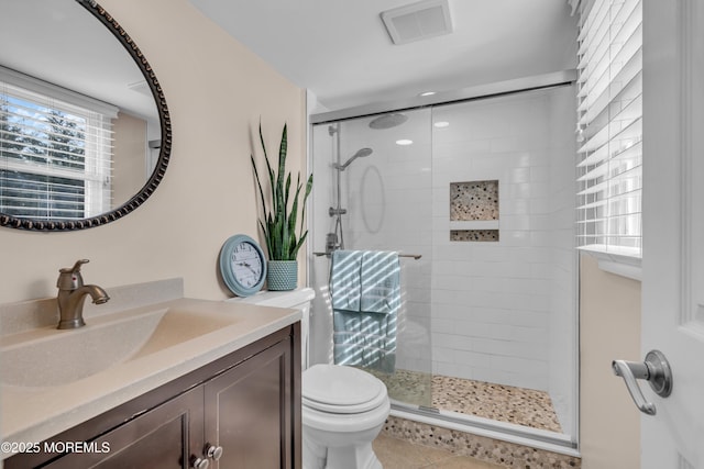 full bath with vanity, visible vents, a stall shower, tile patterned floors, and toilet