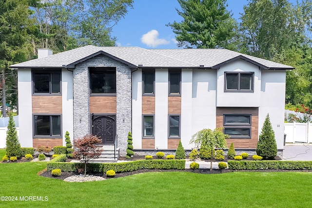 view of front of property featuring a shingled roof, a chimney, a front yard, and fence