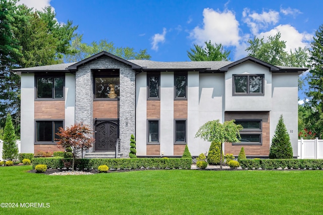 view of front of property featuring stucco siding, a front yard, and fence