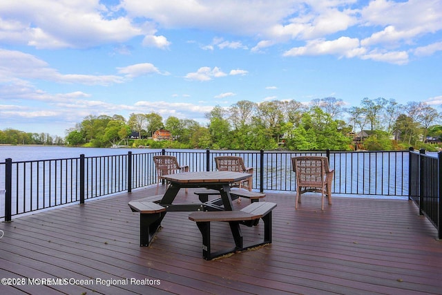 wooden terrace featuring a water view