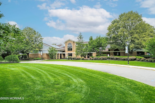 obstructed view of property featuring a front lawn and brick siding