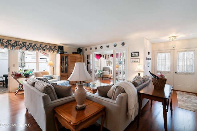 living room featuring french doors and wood finished floors