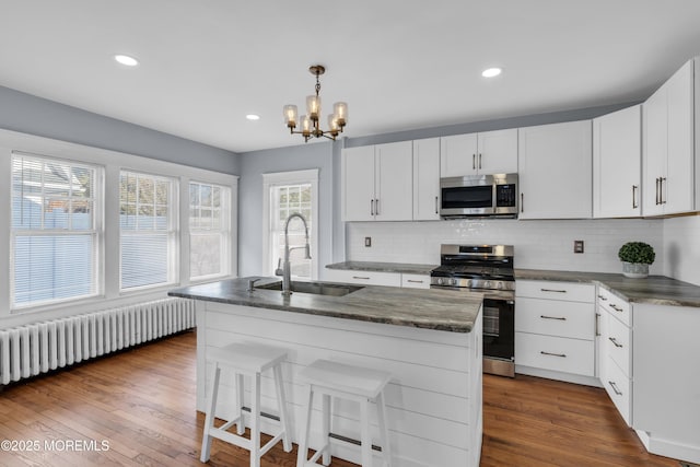 kitchen with a sink, stainless steel appliances, dark wood-type flooring, and radiator heating unit