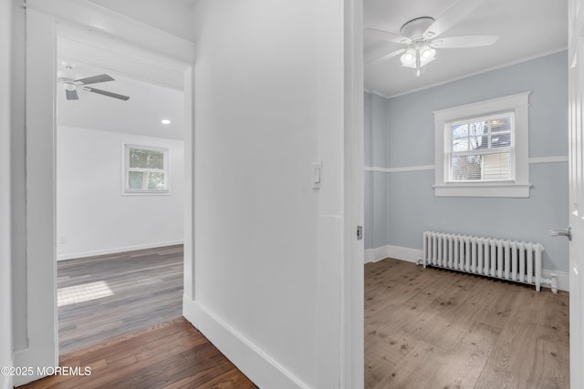 interior space with baseboards, plenty of natural light, wood finished floors, and radiator heating unit