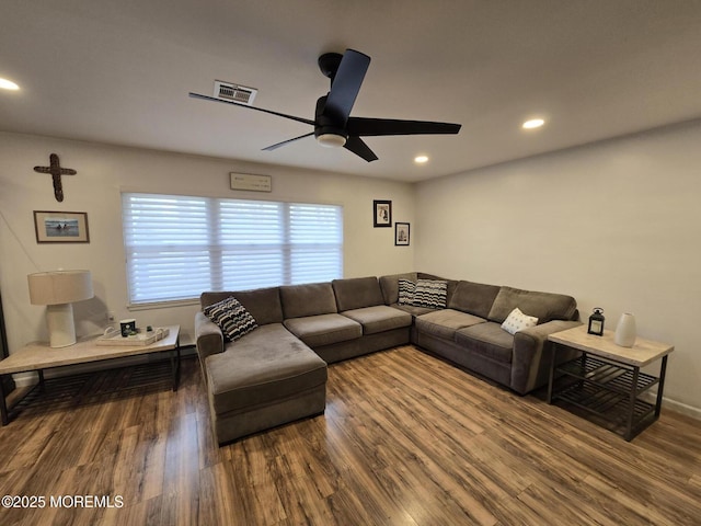 living area featuring visible vents, recessed lighting, ceiling fan, and wood finished floors