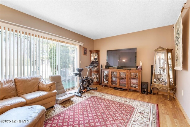 living room with wood finished floors and a textured ceiling