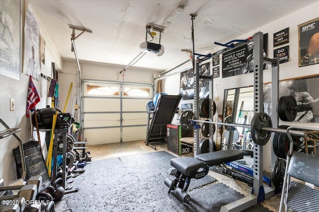 exercise room featuring a garage