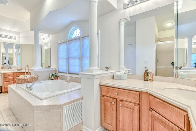 2 Kristen Ct, Franklin Twp, NJ 08873 - bathroom featuring visible vents, a garden tub, a shower stall, and ornate columns