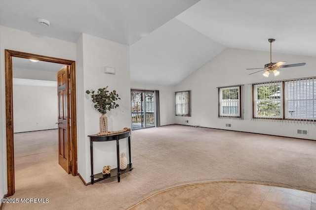 30 Turnberry Cir, Toms River, NJ 08753 - empty room with ceiling fan, high vaulted ceiling, visible vents, and light carpet