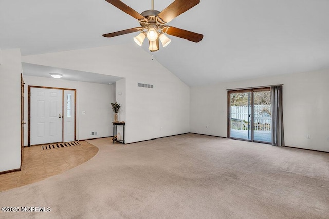 30 Turnberry Cir, Toms River, NJ 08753 - unfurnished living room featuring visible vents, a ceiling fan, carpet, and high vaulted ceiling