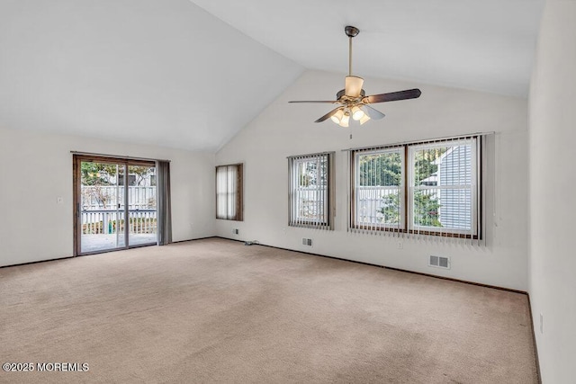 30 Turnberry Cir, Toms River, NJ 08753 - empty room featuring visible vents, a ceiling fan, light colored carpet, and high vaulted ceiling