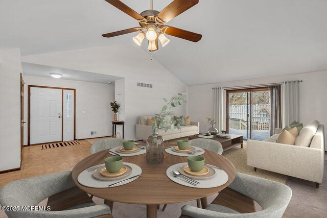 30 Turnberry Cir, Toms River, NJ 08753 - dining area with visible vents, high vaulted ceiling, and ceiling fan
