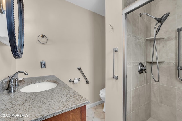 full bathroom featuring toilet, a stall shower, vanity, and tile patterned flooring