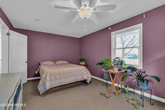 bedroom with visible vents, ceiling fan, carpet, and baseboards