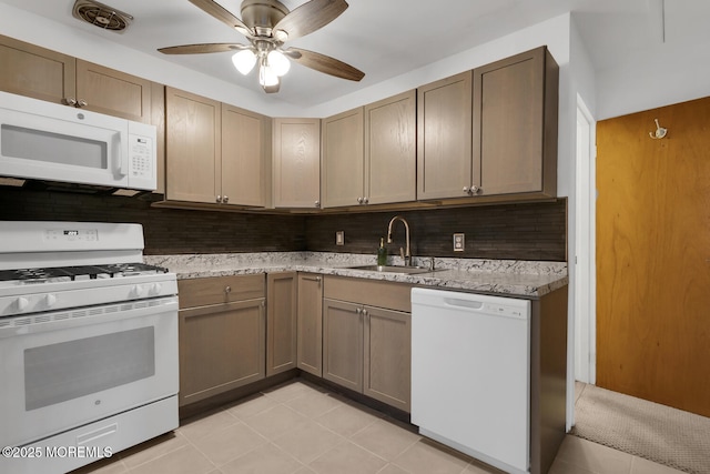 kitchen with visible vents, ceiling fan, decorative backsplash, white appliances, and a sink