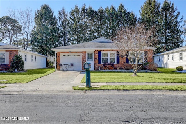 single story home featuring a garage, brick siding, concrete driveway, and a front yard