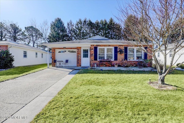 view of front of home with brick siding, a front lawn, concrete driveway, and an attached garage