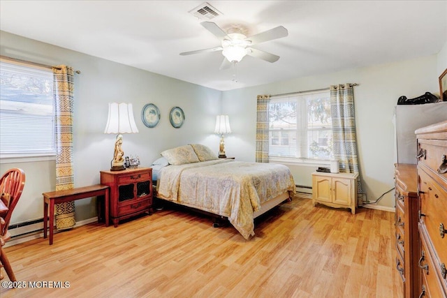 bedroom with light wood finished floors, visible vents, baseboard heating, and a ceiling fan