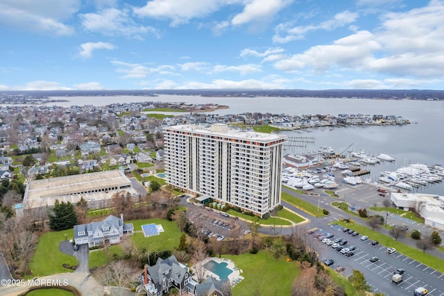 aerial view featuring a water view