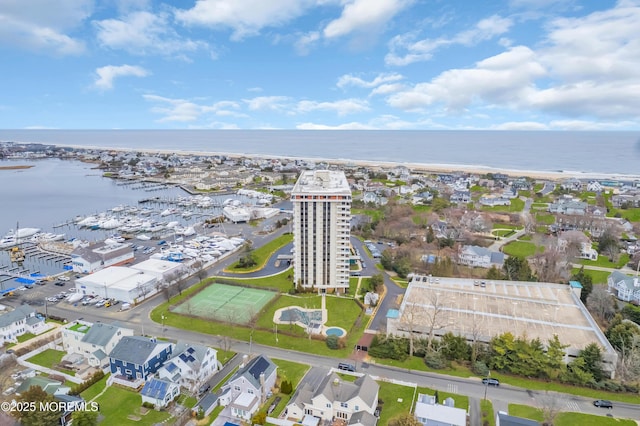 drone / aerial view with a water view