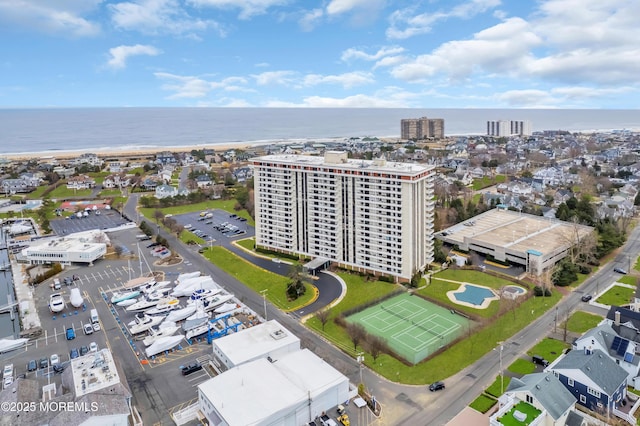 aerial view with a city view and a water view