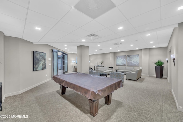 playroom with visible vents, pool table, baseboards, and carpet