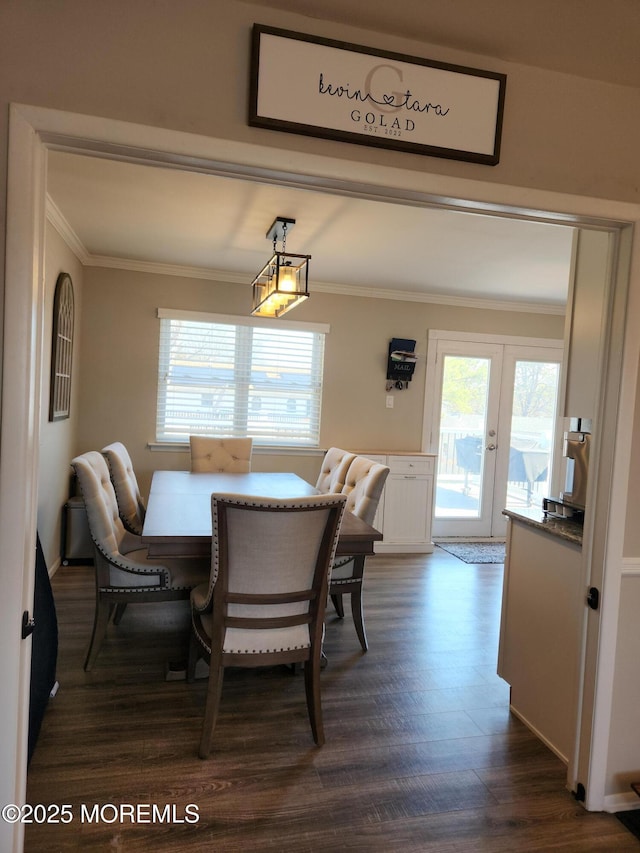 dining space featuring a wealth of natural light, french doors, crown molding, and dark wood-type flooring